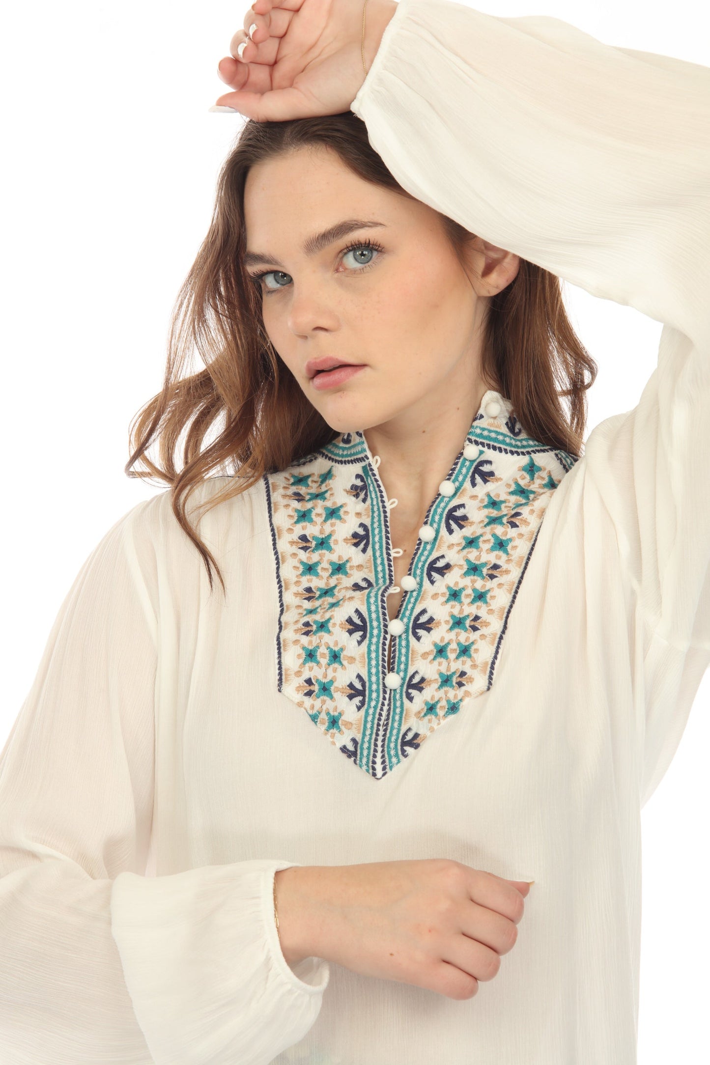 Johnny Was Love White Paola Embroidered Henley Blouse L13722