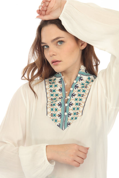 Johnny Was Love White Paola Embroidered Henley Blouse L13722