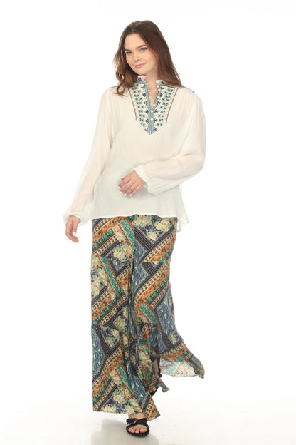 Johnny Was Love White Paola Embroidered Henley Blouse L13722