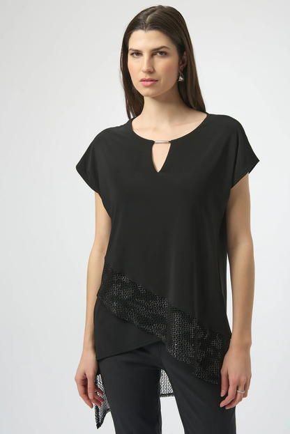 Joseph Ribkoff Asymmetrical Foiled Mesh Top 252172