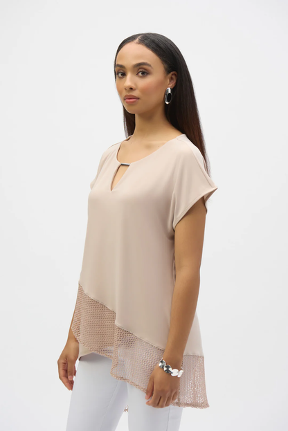 Joseph Ribkoff Asymmetrical Foiled Mesh Top 252172