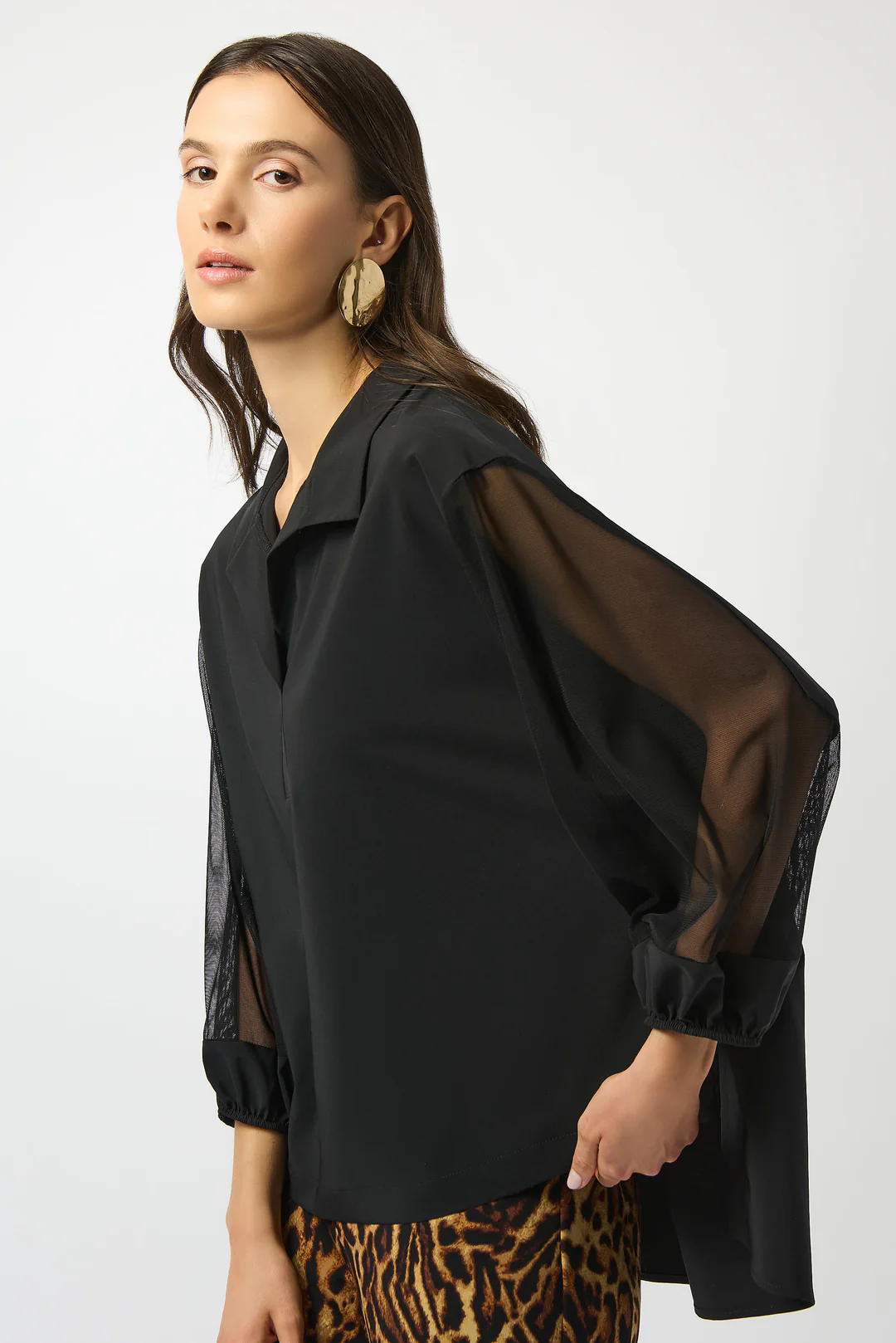 Joseph Ribkoff Black Mesh Collared 3/4 Puff Sleeves Top 253205