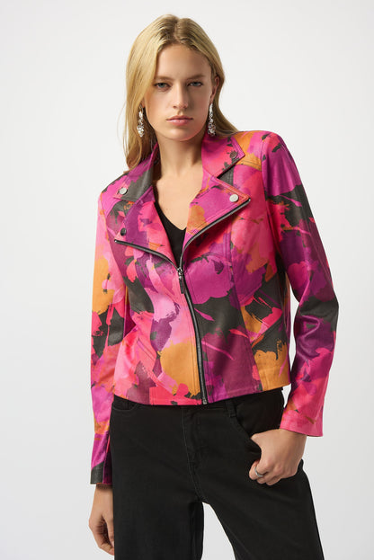 Joseph Ribkoff Black/Multi Abstract Faux Suede Moto Jacket 253954-R