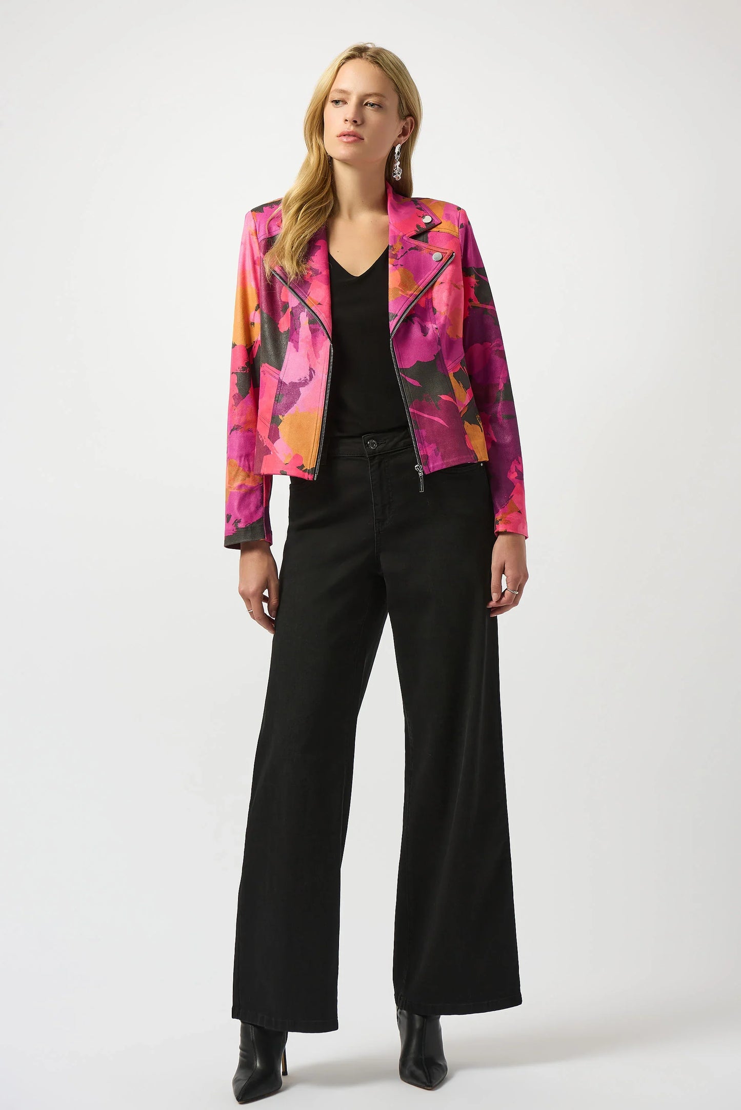 Joseph Ribkoff Black/Multi Abstract Faux Suede Moto Jacket 253954-R