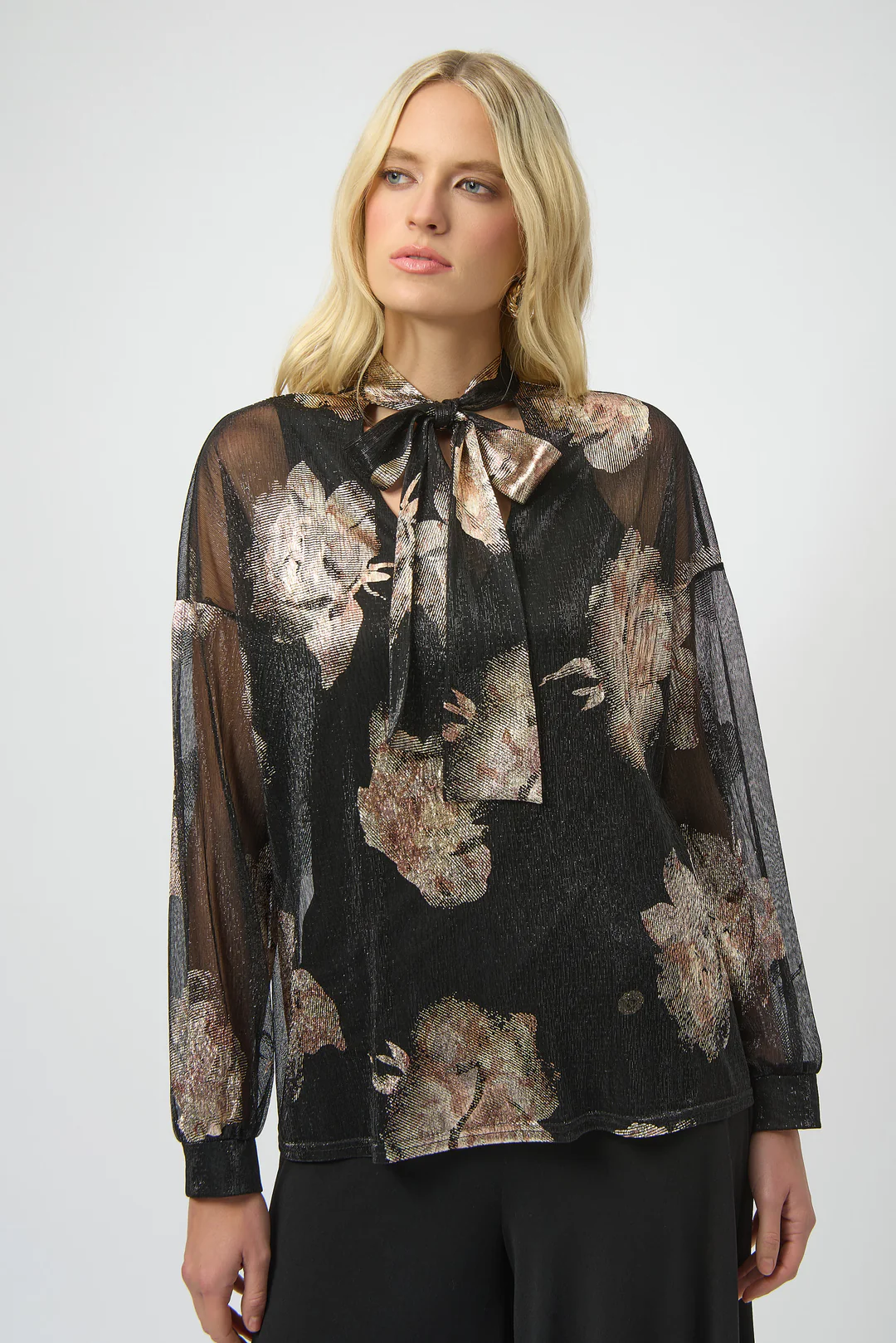 Joseph Ribkoff Black/Multi Knit Foiled V-Neck 3/4 Cuffed Sleeves Top 254029