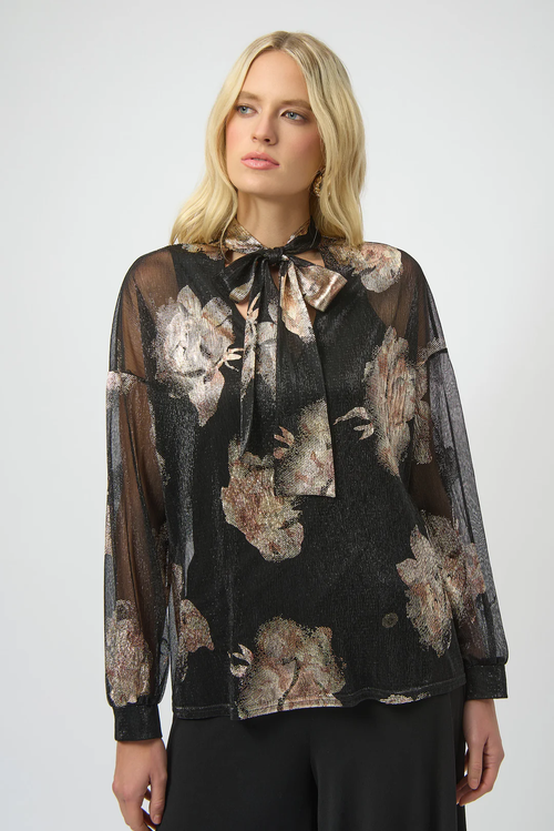 Joseph Ribkoff Black/Multi Knit Foiled V-Neck 3/4 Cuffed Sleeves Top 254029