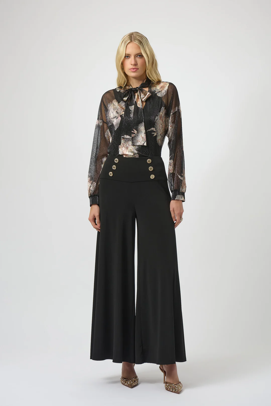 Joseph Ribkoff Black/Multi Knit Foiled V-Neck 3/4 Cuffed Sleeves Top 254029