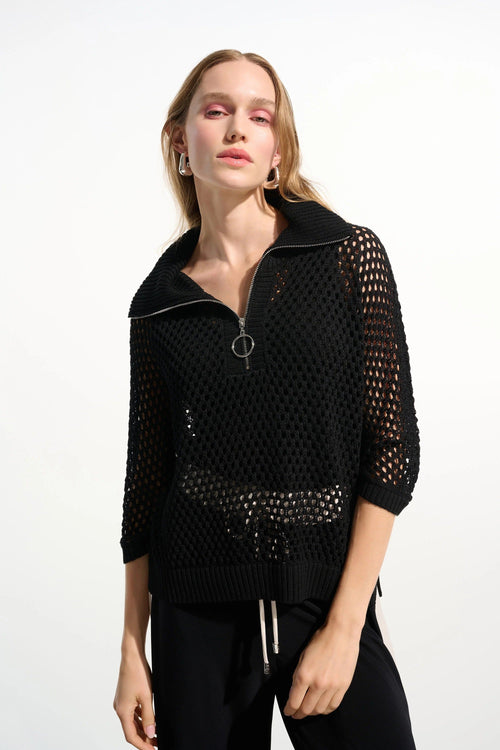 Joseph Ribkoff Open Knit Zip Front Boxy Sweater Top 261634