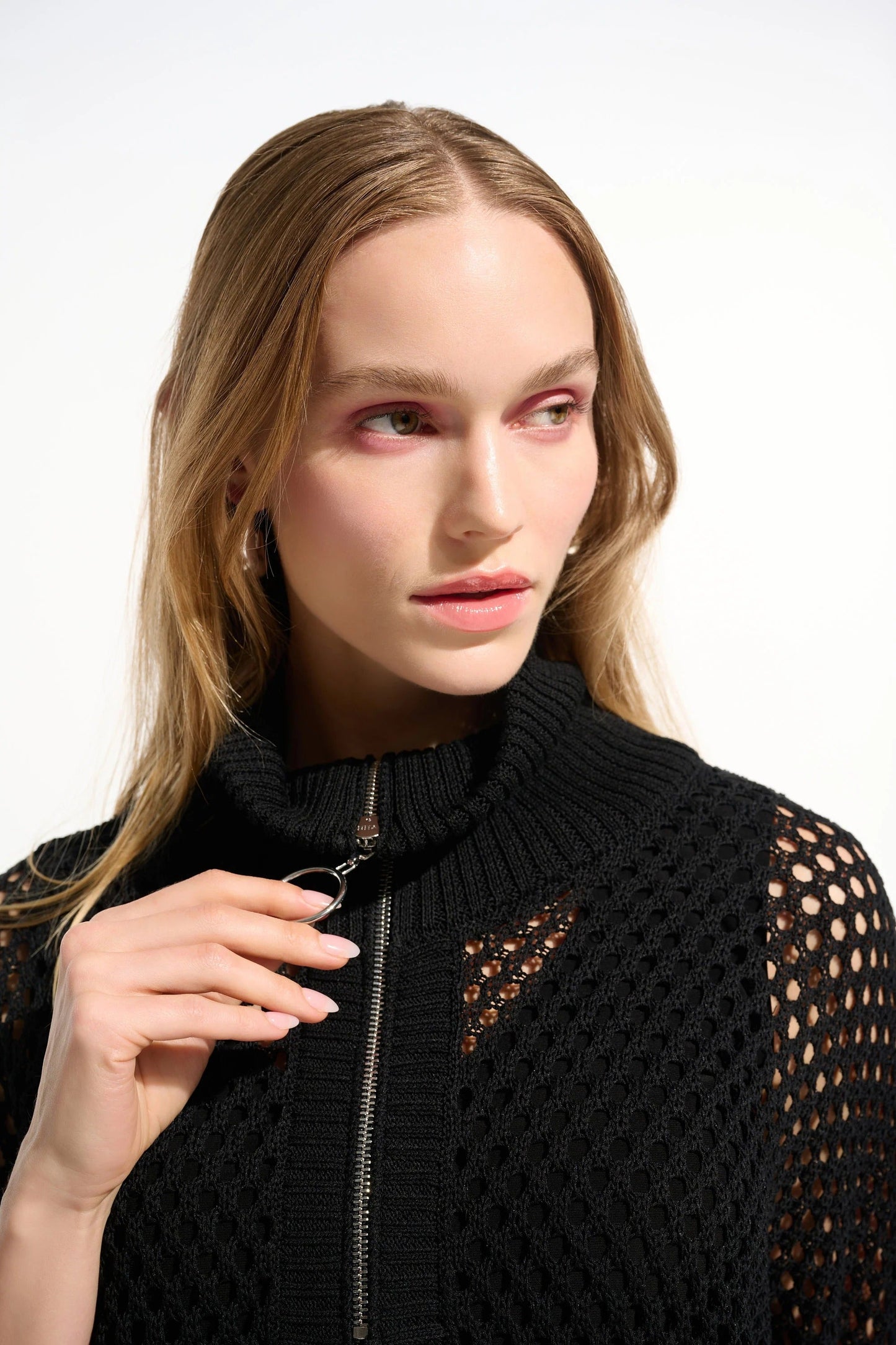 Joseph Ribkoff Open Knit Zip Front Boxy Sweater Top 261634