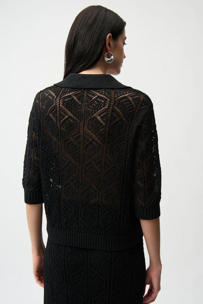 Joseph Ribkoff Black Open Knit 3/4 Sleeve Polo Sweater 261929