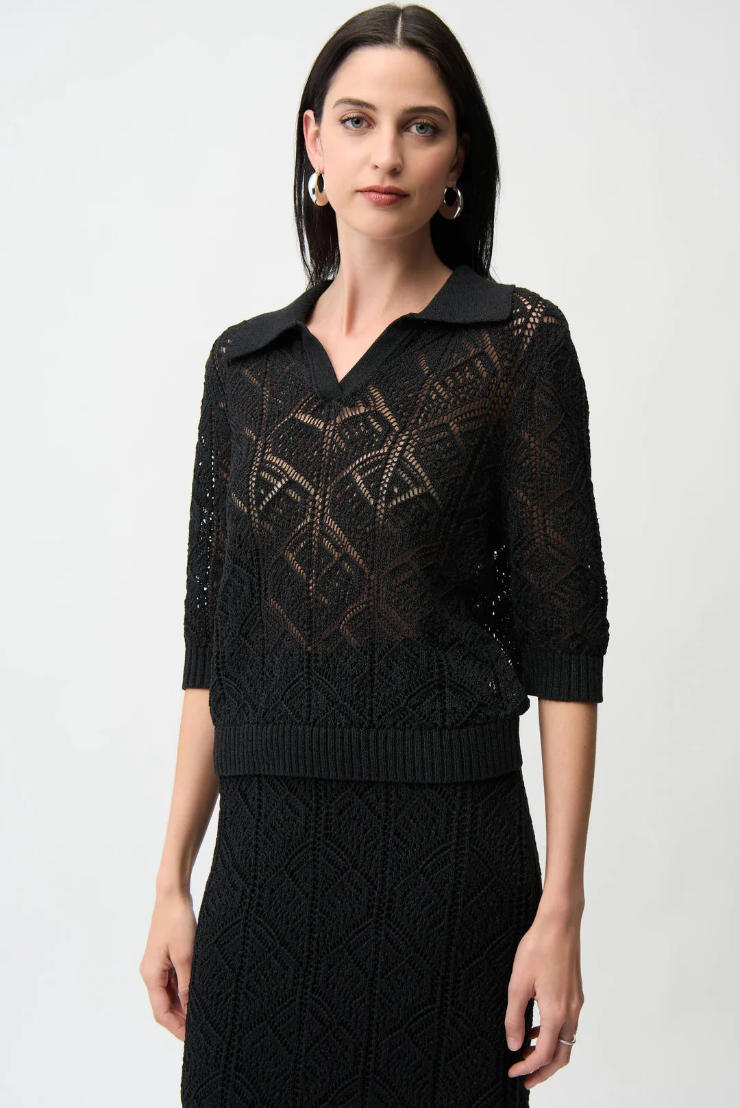 Joseph Ribkoff Black Open Knit 3/4 Sleeve Polo Sweater 261929