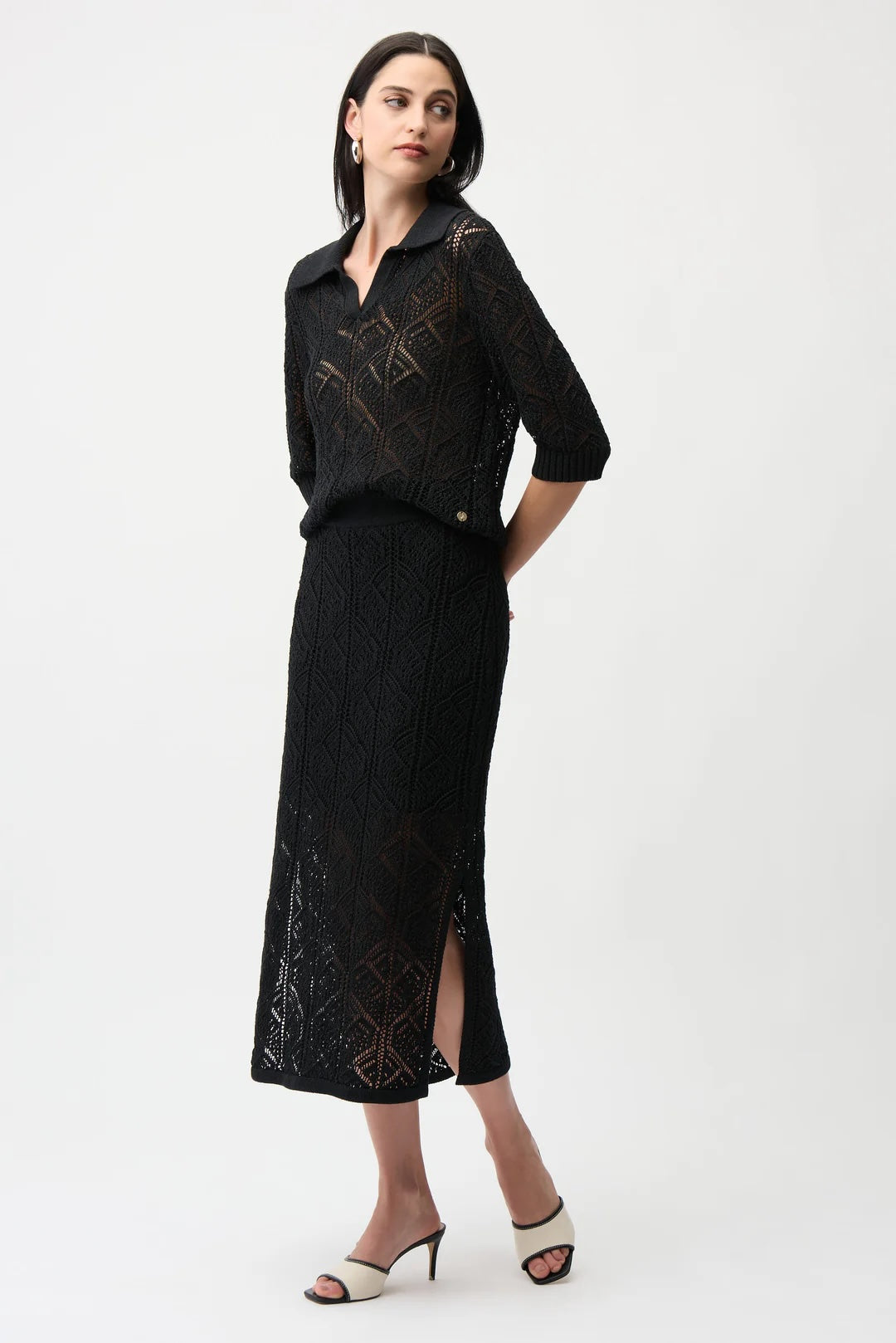 Joseph Ribkoff Black Open Knit High Waist Midi Pencil Skirt 261928