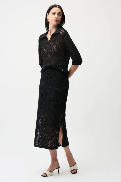 Joseph Ribkoff Black Open Knit High Waist Midi Pencil Skirt 261928