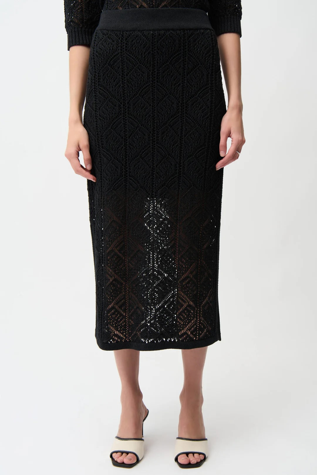Joseph Ribkoff Black Open Knit High Waist Midi Pencil Skirt 261928