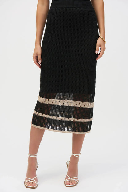 Joseph Ribkoff Black/Parchment Striped Open Knit Midi Skirt 252923-R