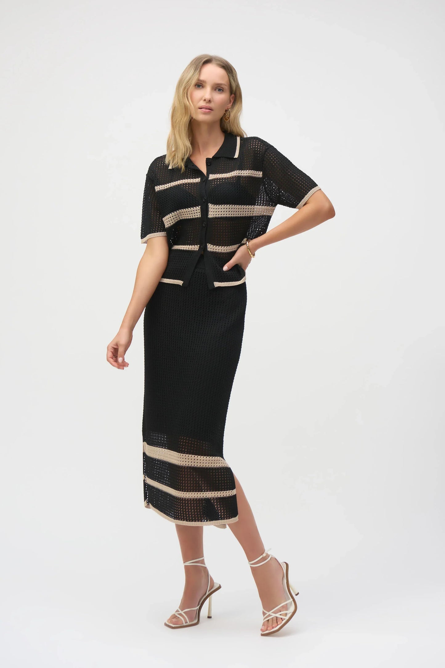 Joseph Ribkoff Black/Parchment Striped Open Knit Midi Skirt 252923-R