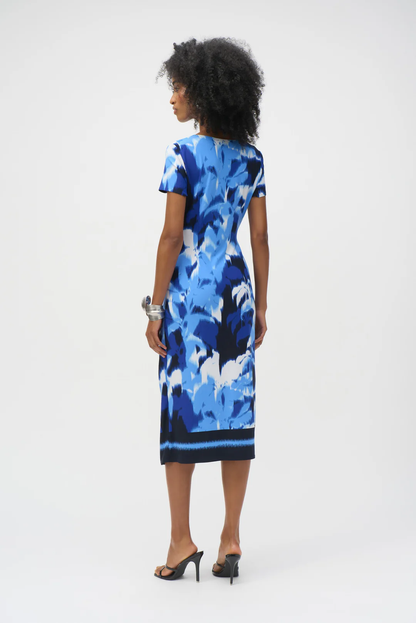 Joseph Ribkoff Blue/Vanilla Tropical Print Asymmetrical Dress 252179