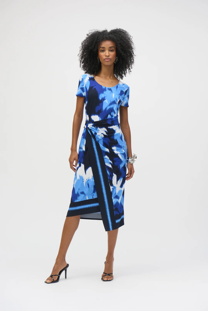 Joseph Ribkoff Blue/Vanilla Tropical Print Asymmetrical Dress 252179