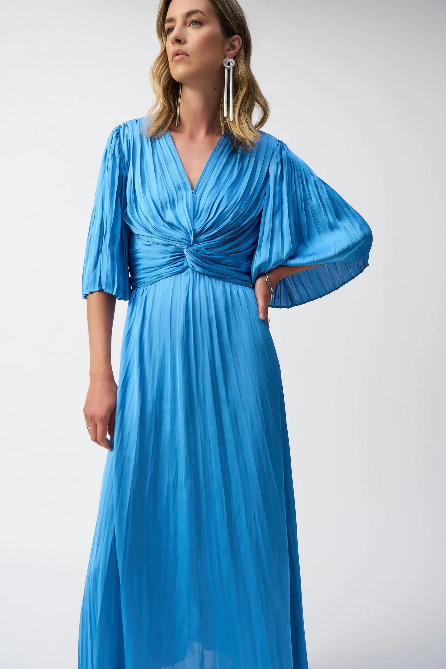 Joseph Ribkoff V-Neck Pleated Satin Maxi Dress 251903