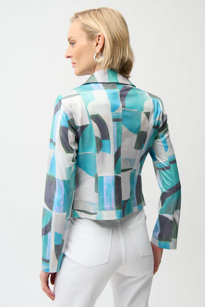 Joseph Ribkoff Green/Multi Geometric Faux Suede Moto Jacket 261911