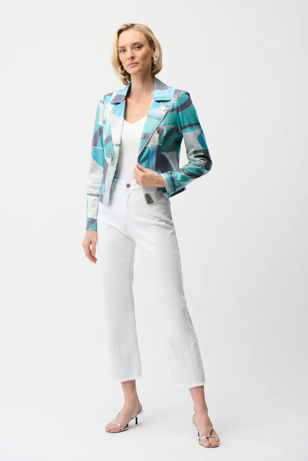 Joseph Ribkoff Green/Multi Geometric Faux Suede Moto Jacket 261911