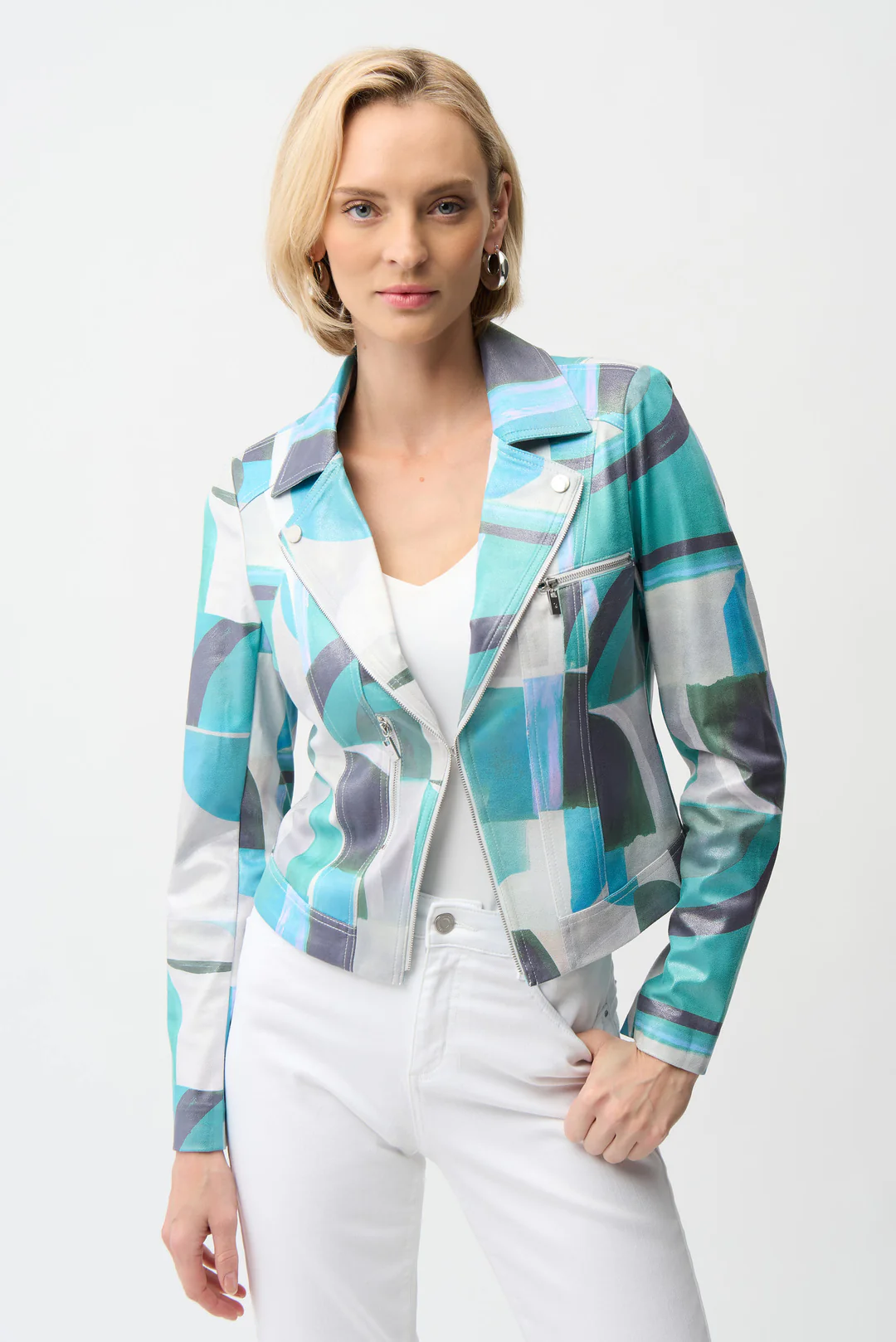 Joseph Ribkoff Green/Multi Geometric Faux Suede Moto Jacket 261911