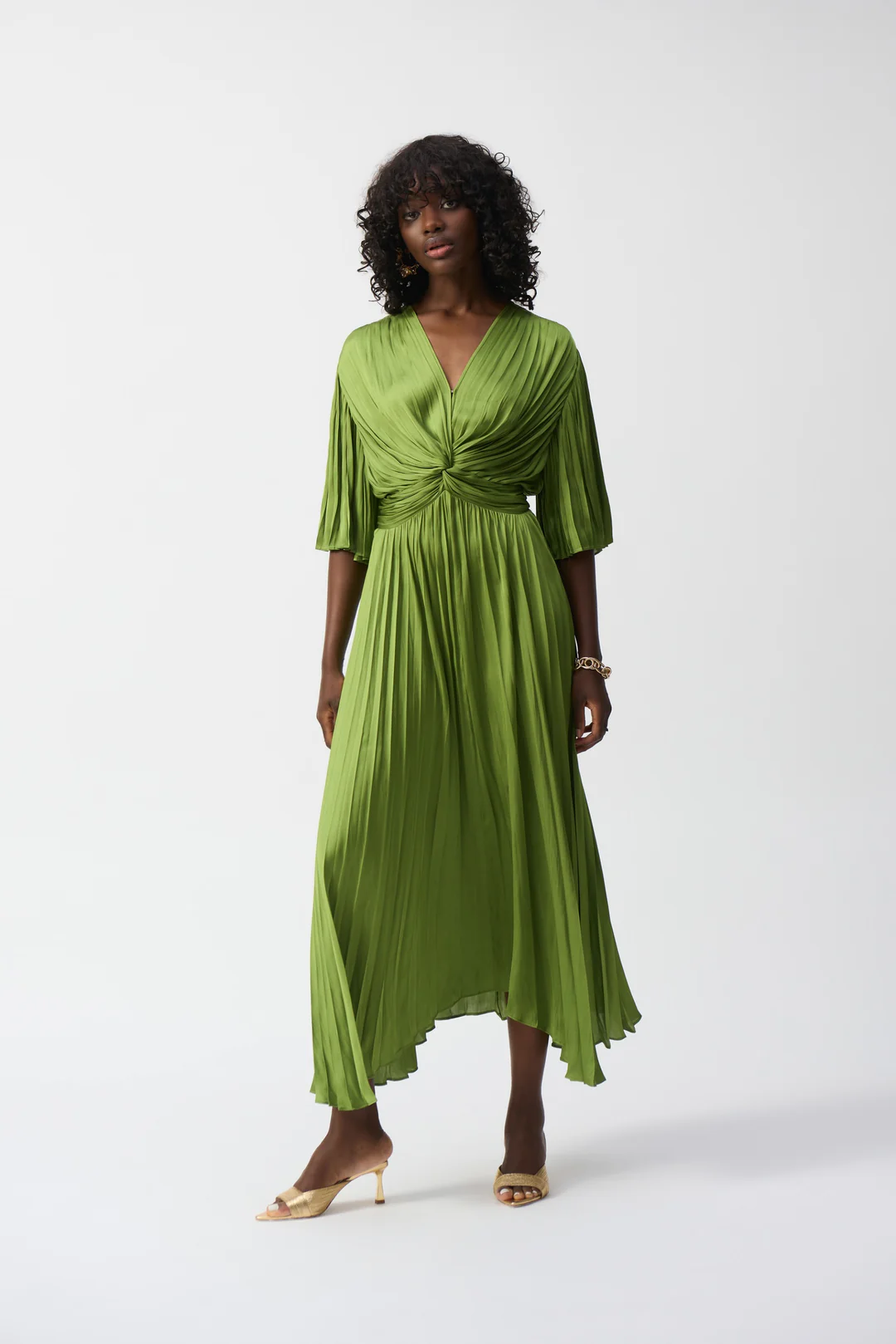 Joseph Ribkoff V-Neck Pleated Satin Maxi Dress 251903