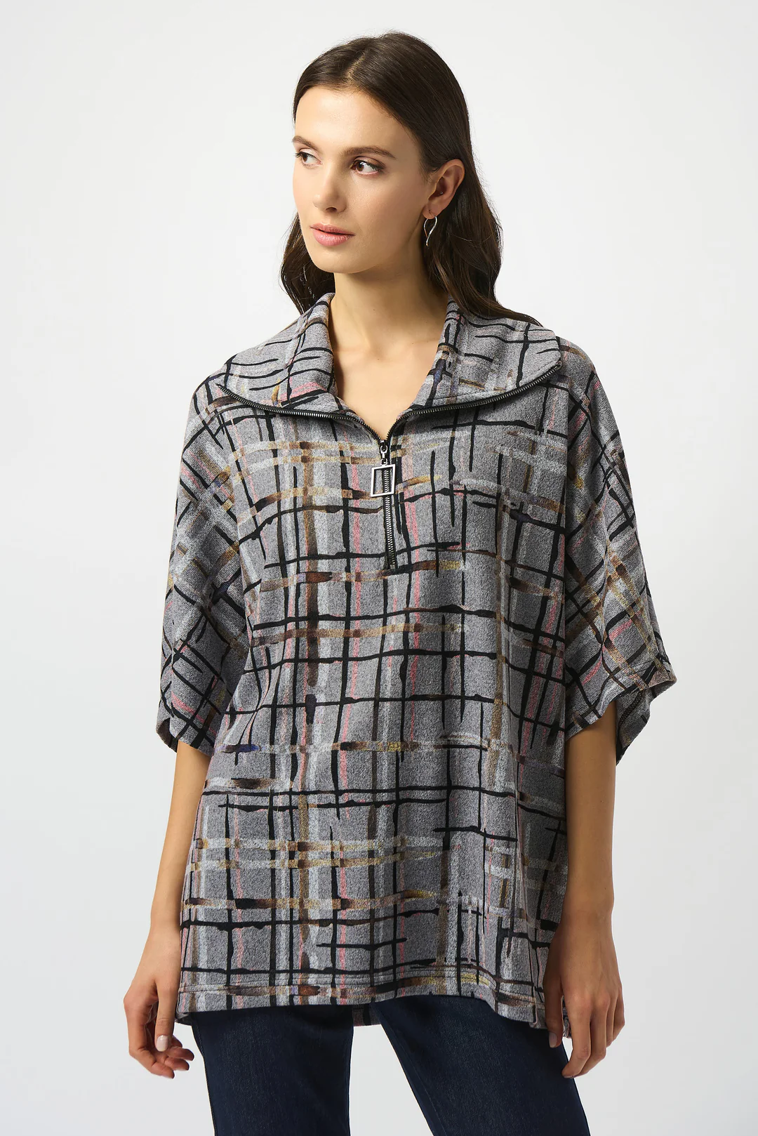 Joseph Ribkoff Grey/Multi Plaid Print Zipped Collar Sweater Top 253058