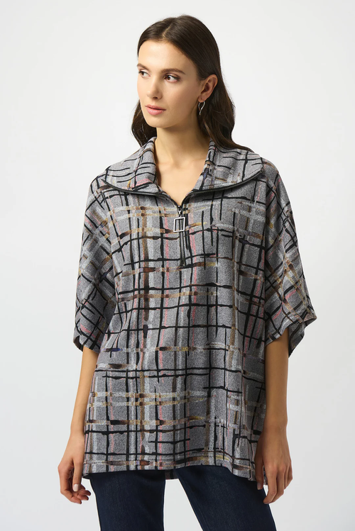 Joseph Ribkoff Grey/Multi Plaid Print Zipped Collar Sweater Top 253058