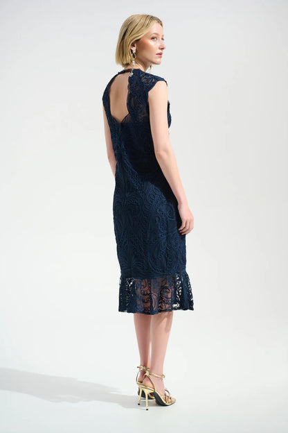 Joseph Ribkoff Midnight Blue Guipure Soutache Trumpet Dress 261740