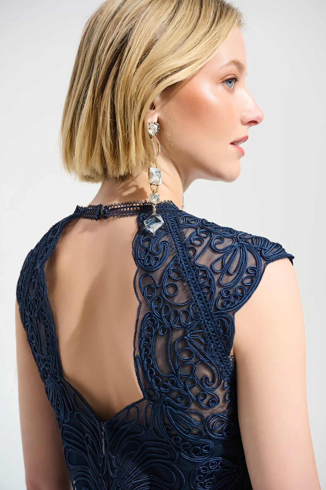 Joseph Ribkoff Midnight Blue Guipure Soutache Trumpet Dress 261740