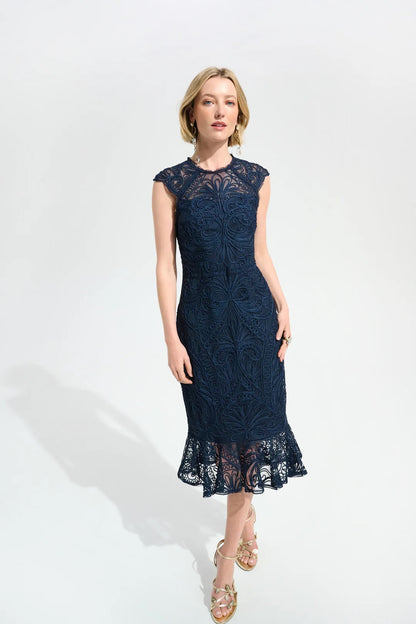 Joseph Ribkoff Midnight Blue Guipure Soutache Trumpet Dress 261740