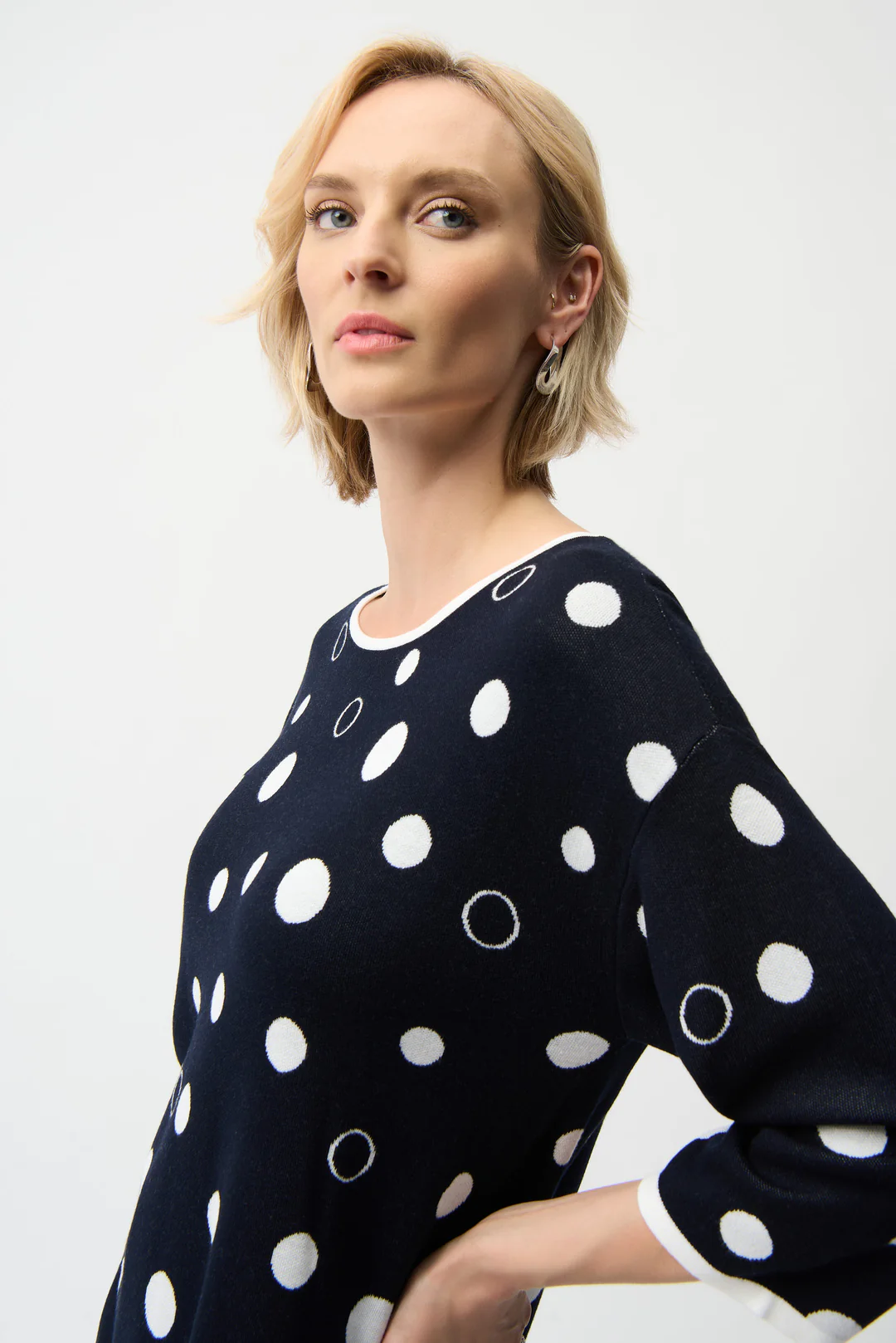 Joseph Ribkoff Midnight Blue/Vanilla Polka Dot 3/4 Sleeves Sweater 261979