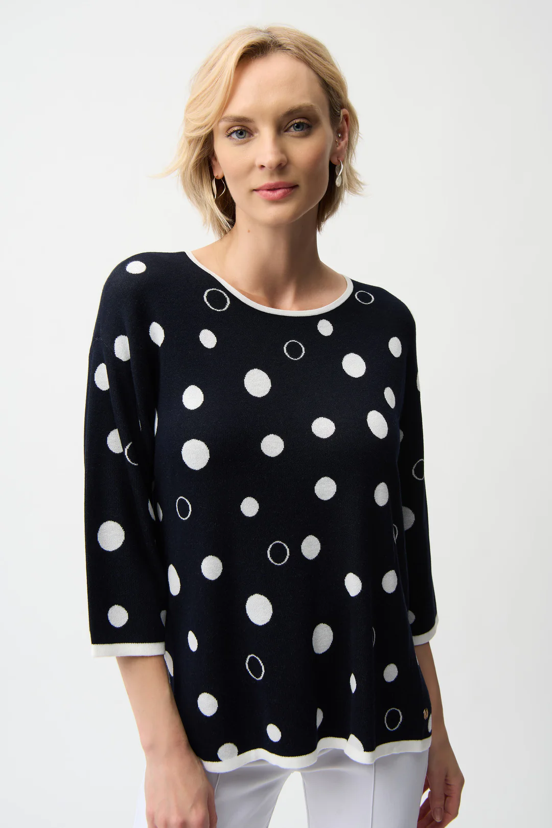 Joseph Ribkoff Midnight Blue/Vanilla Polka Dot 3/4 Sleeves Sweater 261979