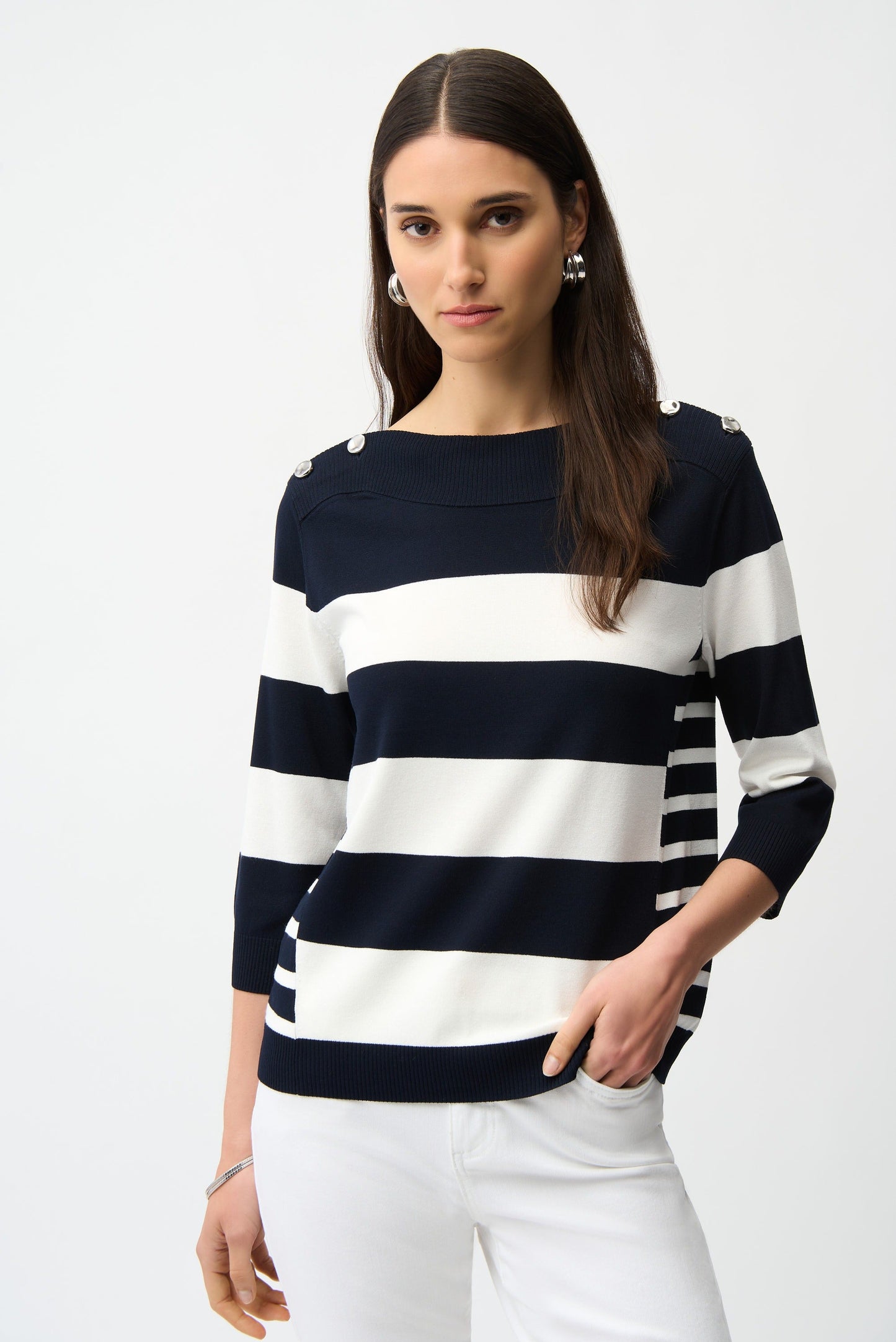 Joseph Ribkoff Midnight Blue/Vanilla Striped Boat Neck Sweater 261963