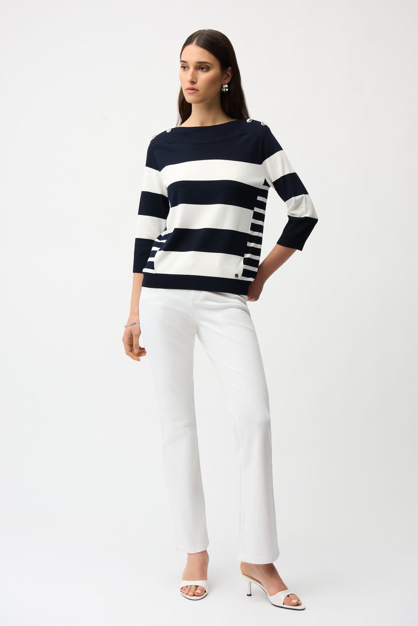 Joseph Ribkoff Midnight Blue/Vanilla Striped Boat Neck Sweater 261963