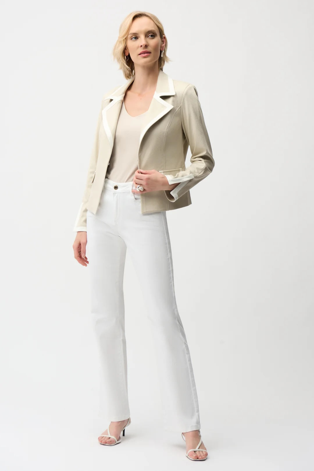 Joseph Ribkoff Moonstone/Vanilla Contrast Trim Faux Suede Blazer 261912