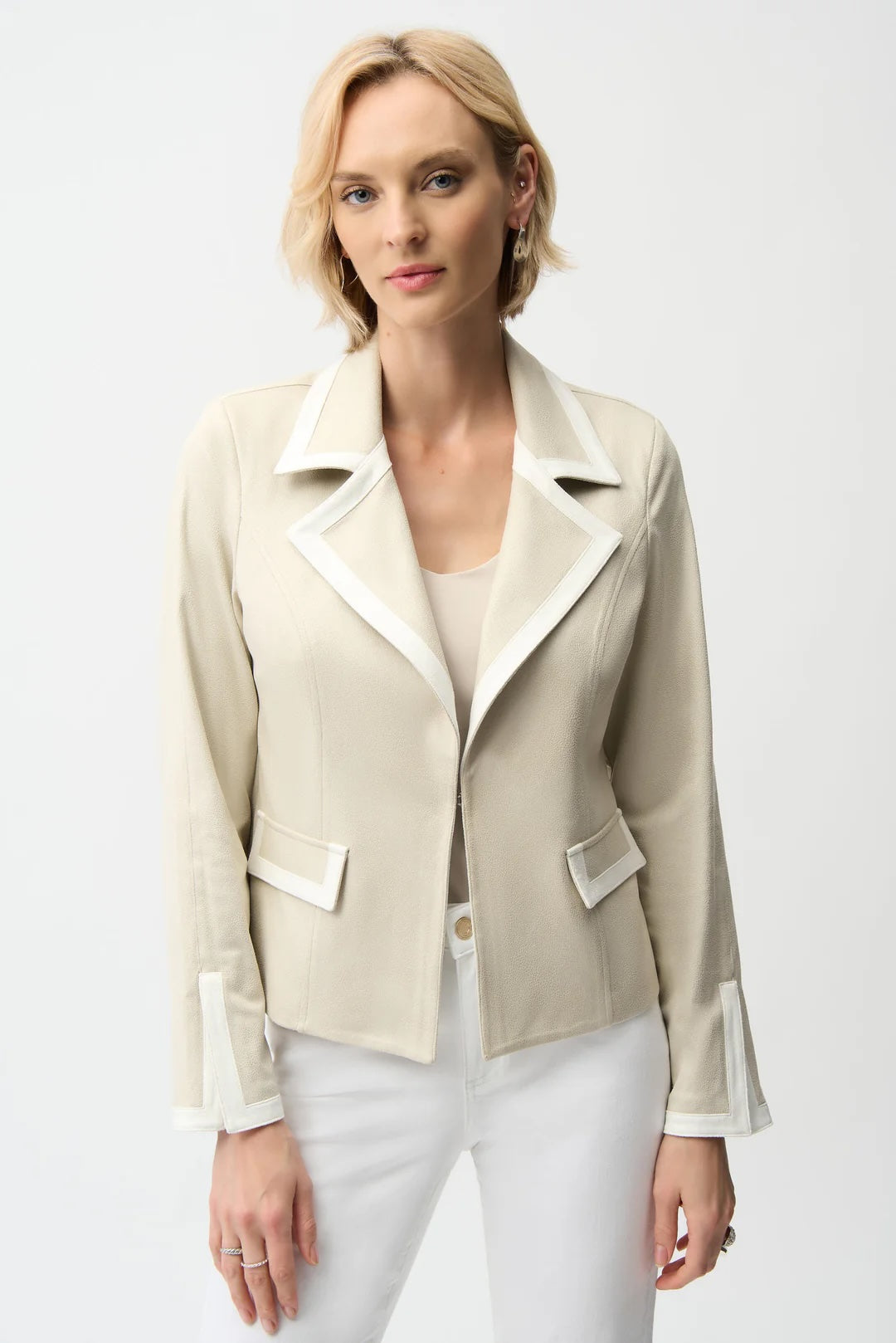 Joseph Ribkoff Moonstone/Vanilla Contrast Trim Faux Suede Blazer 261912