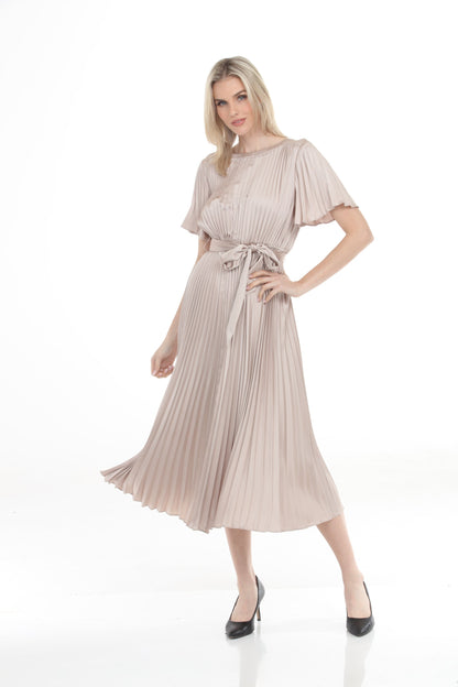 Joseph Ribkoff Sand Pleated Satin Midi Fit and Flare Dress 261752