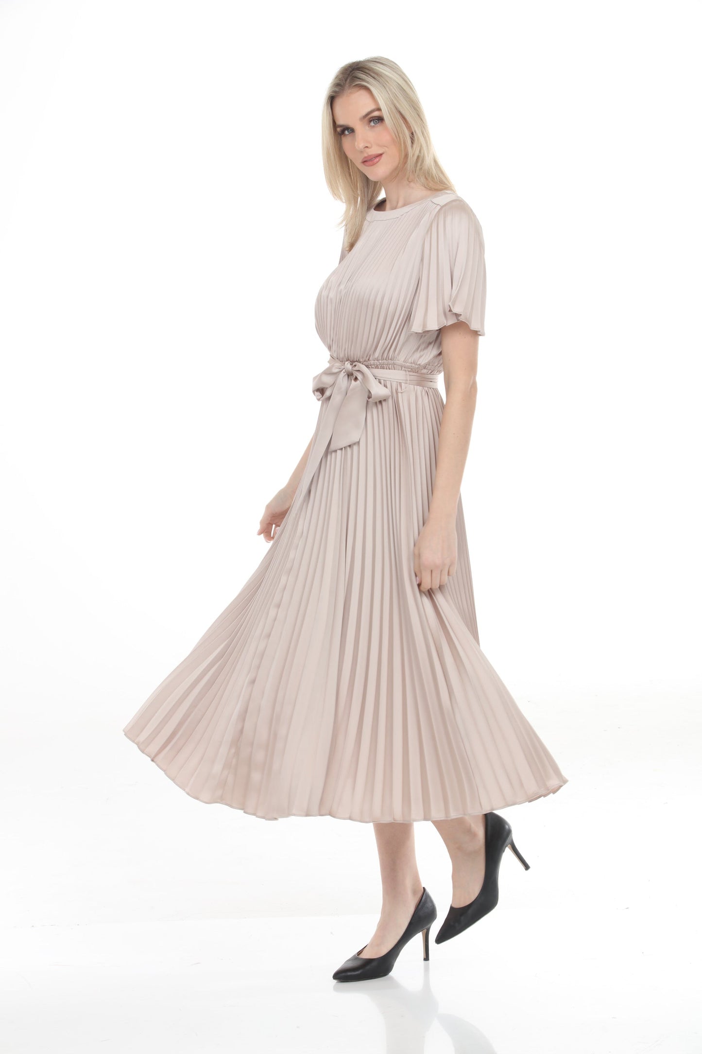 Joseph Ribkoff Sand Pleated Satin Midi Fit and Flare Dress 261752