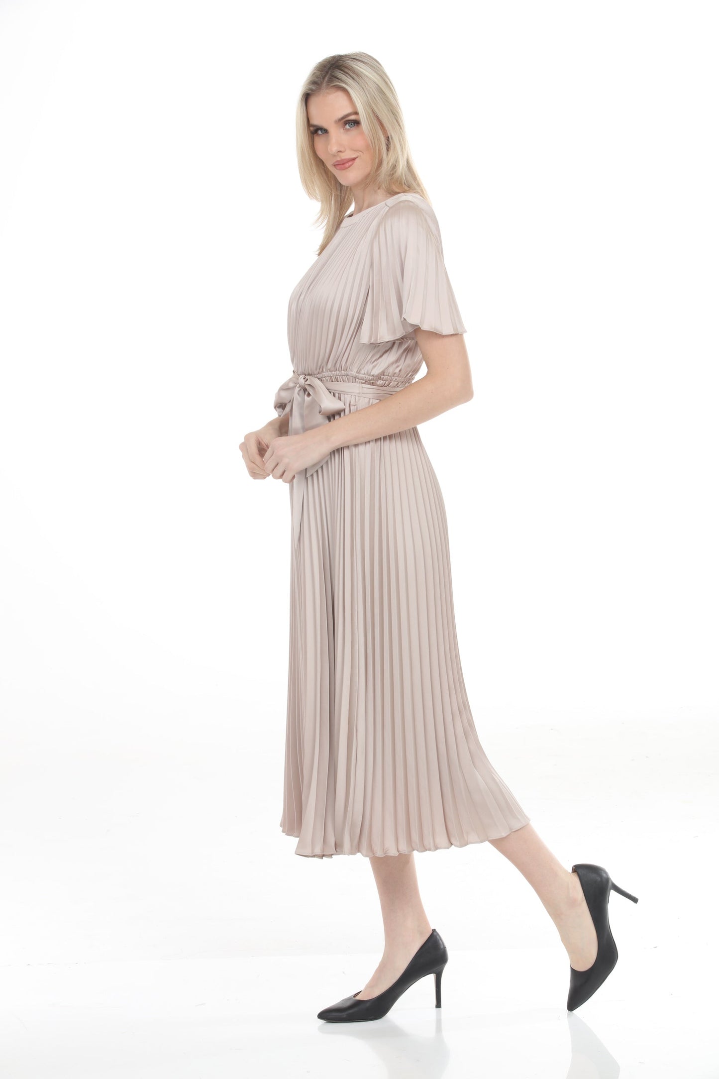 Joseph Ribkoff Sand Pleated Satin Midi Fit and Flare Dress 261752