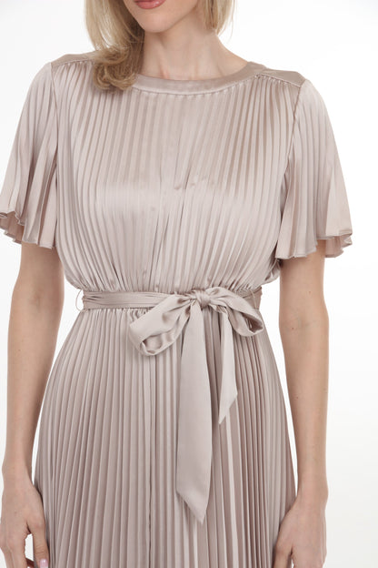 Joseph Ribkoff Sand Pleated Satin Midi Fit and Flare Dress 261752