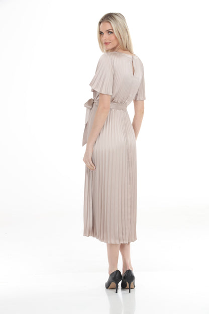 Joseph Ribkoff Sand Pleated Satin Midi Fit and Flare Dress 261752