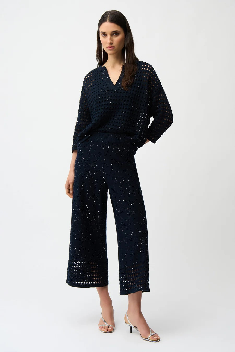 Joseph Ribkoff Sequined Open Knit Pull-On Culotte Pants 261975
