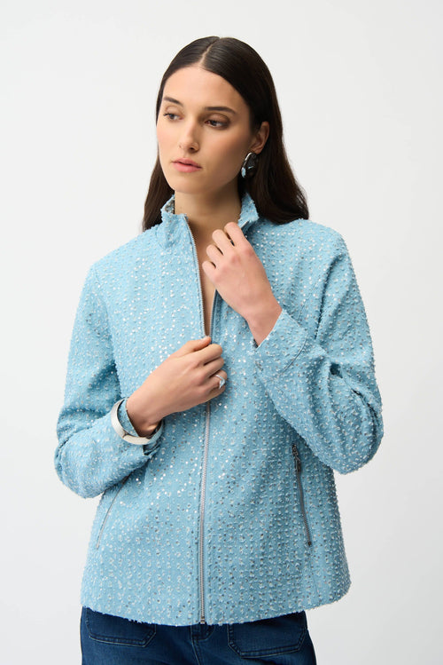 Joseph Ribkoff Sky Blue Sequined Zip Front Denim Jacket 261951