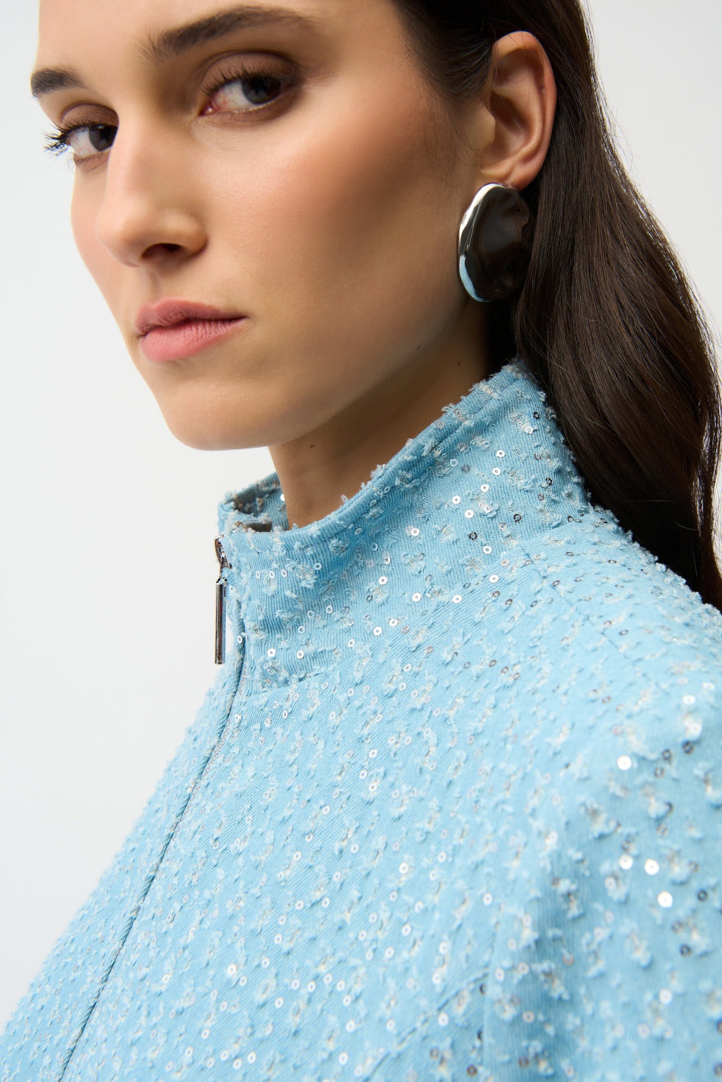 Joseph Ribkoff Sky Blue Sequined Zip Front Denim Jacket 261951
