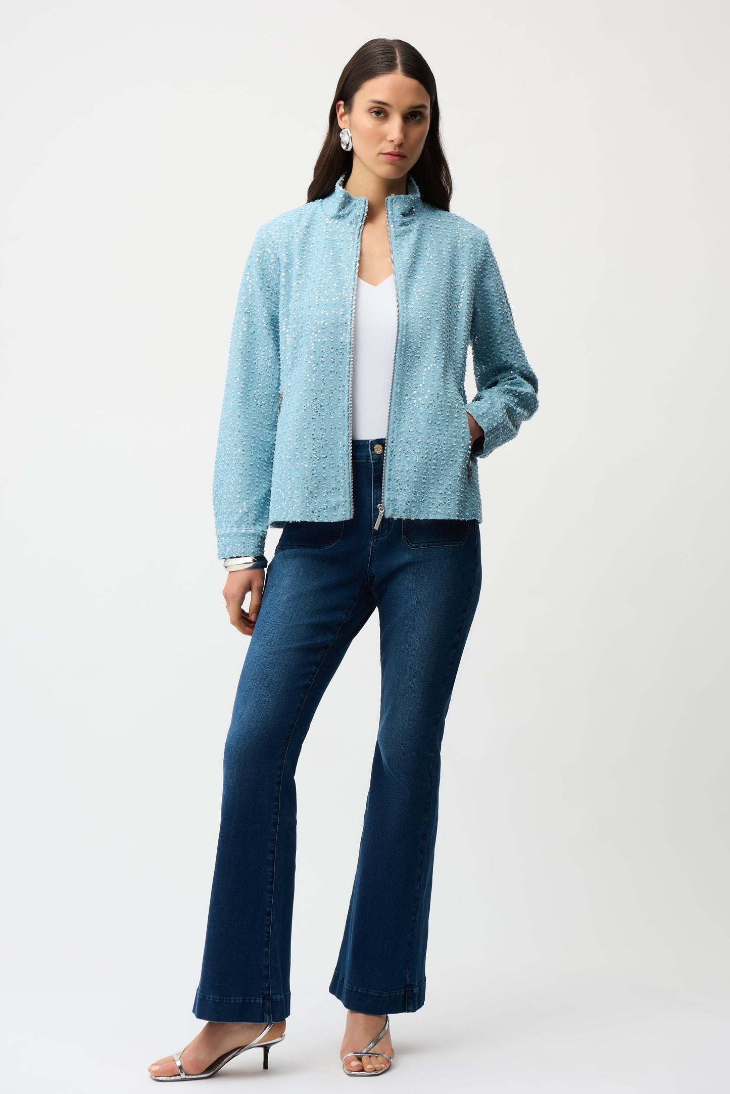 Joseph Ribkoff Sky Blue Sequined Zip Front Denim Jacket 261951