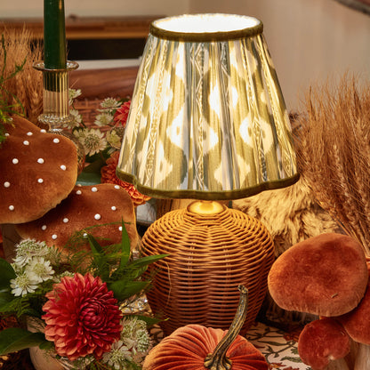 Rattan Ursula Rechargeable Lamp with Olive Ikat Shade (18cm)
