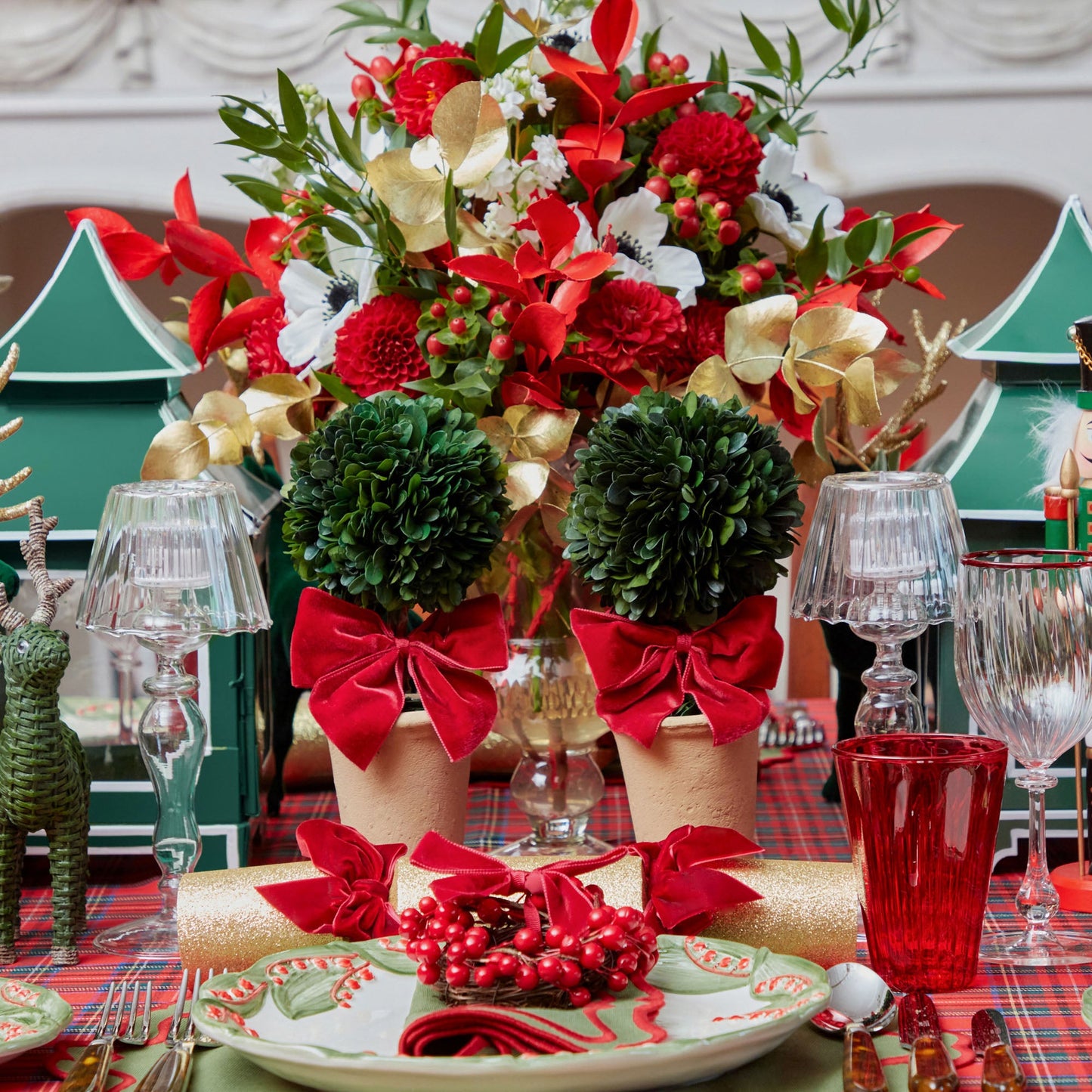 Red Ribboned Potted Boxwood Ball (Pair)