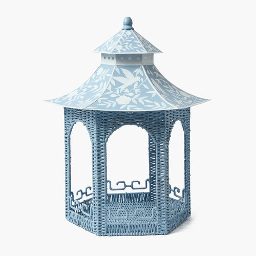 Large Blue Rattan Chinoiserie Pagoda Lantern